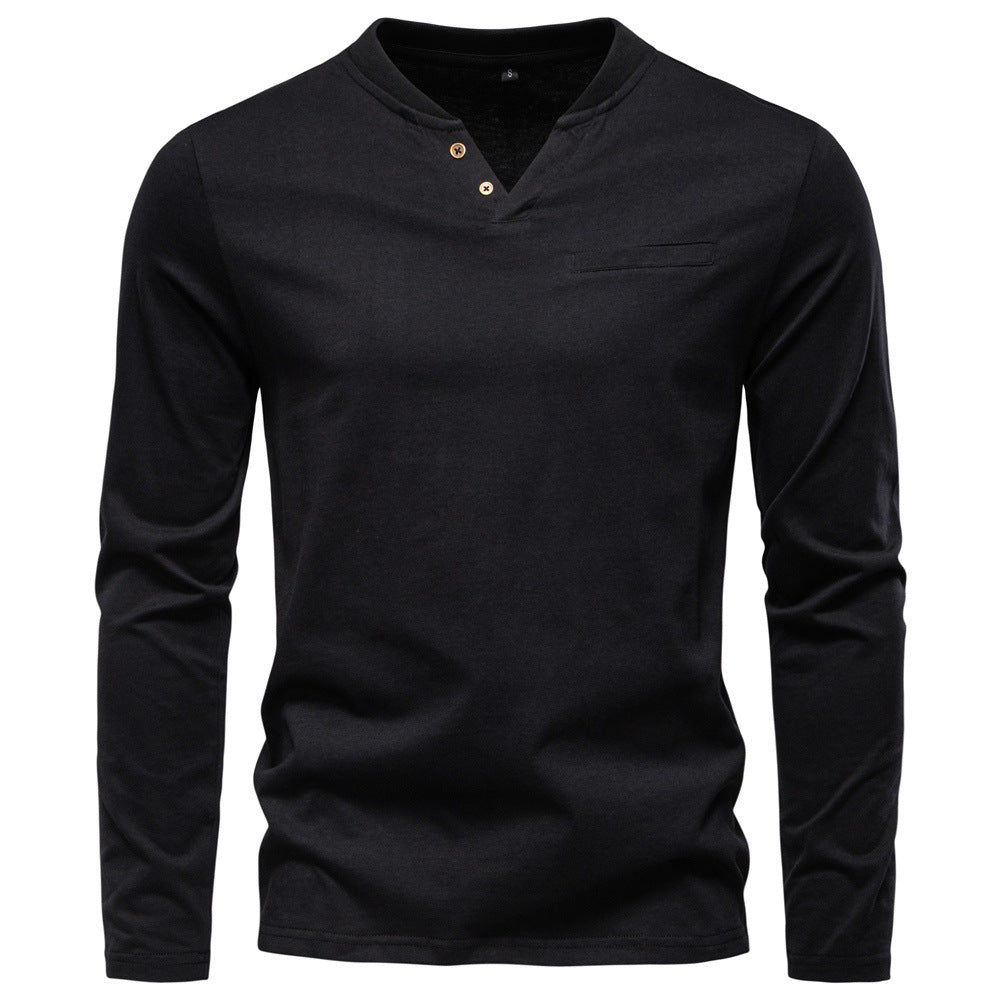 Black long-sleeve shirt with button details on a white background