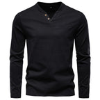 Black long-sleeve shirt with button details on a white background