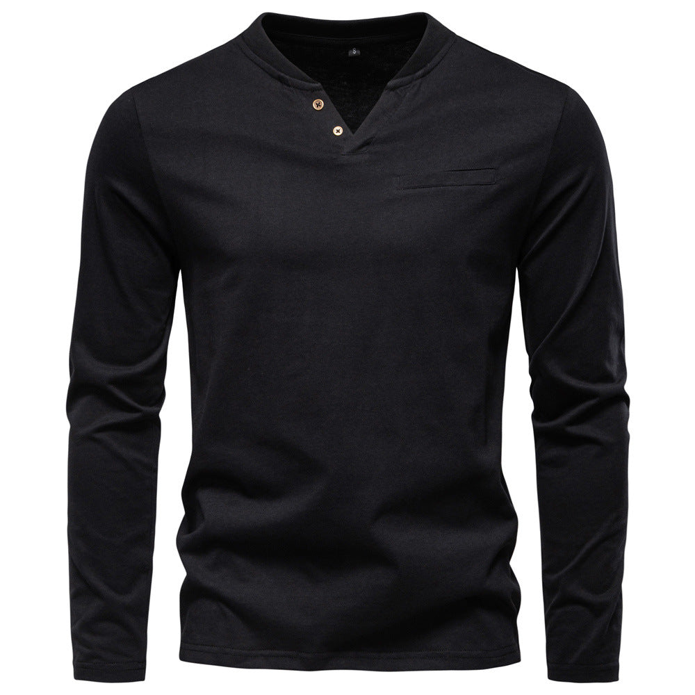 Black long-sleeve shirt with button details on a white background