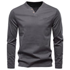 Gray long-sleeve shirt with a V-neck on a white background