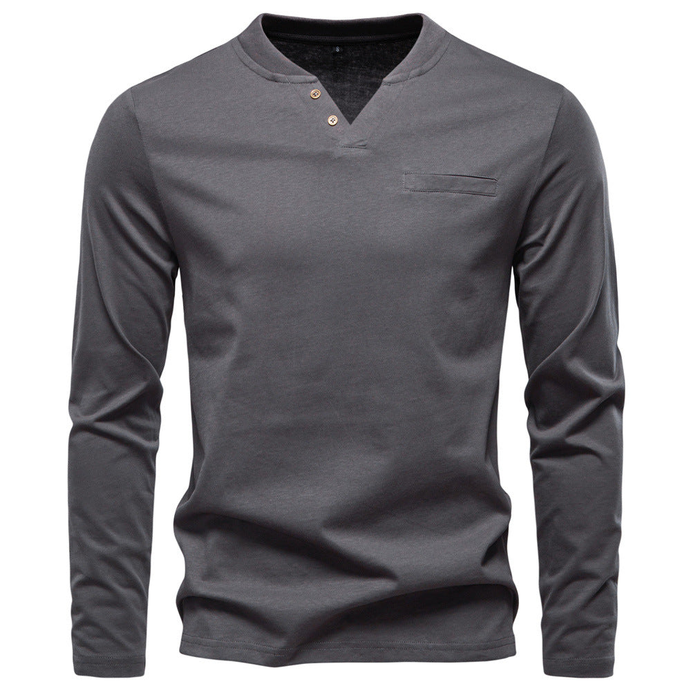 Gray long-sleeve shirt with a V-neck on a white background