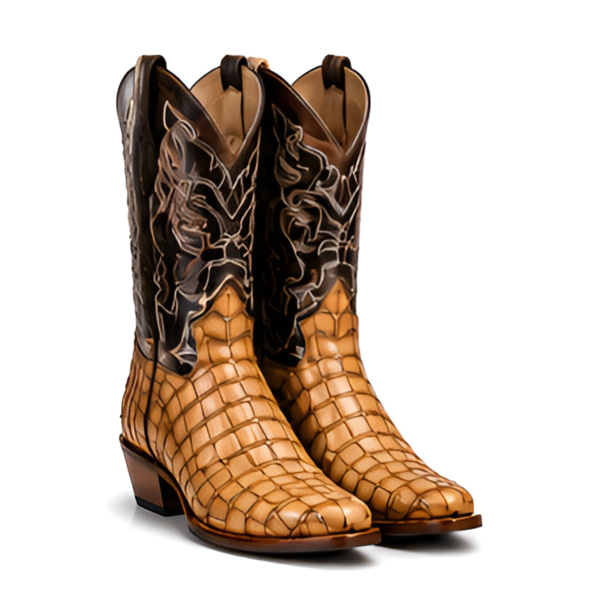 A pair of men's western cowboy boots featuring a tan crocodile-embossed leather lower section and dark brown embroidered shafts, shown against a plain white background.