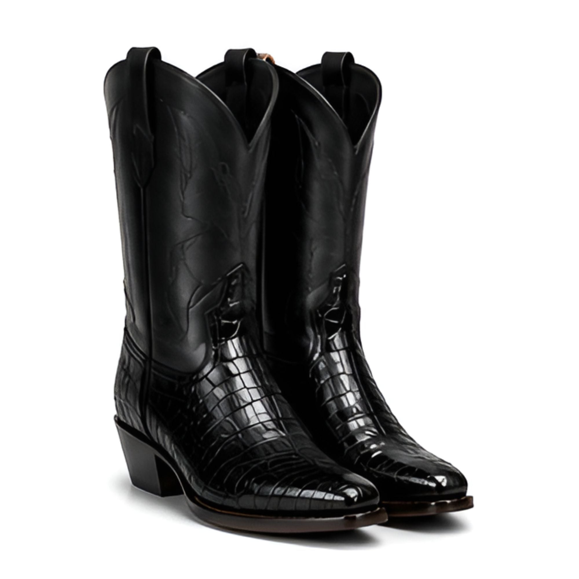 A pair of black leather cowboy boots with a glossy crocodile-embossed pattern on the lower shafts and toes, shown against a plain white background.