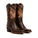 A pair of dark brown leather cowboy boots with floral embroidery on the shafts, shown against a plain white background.