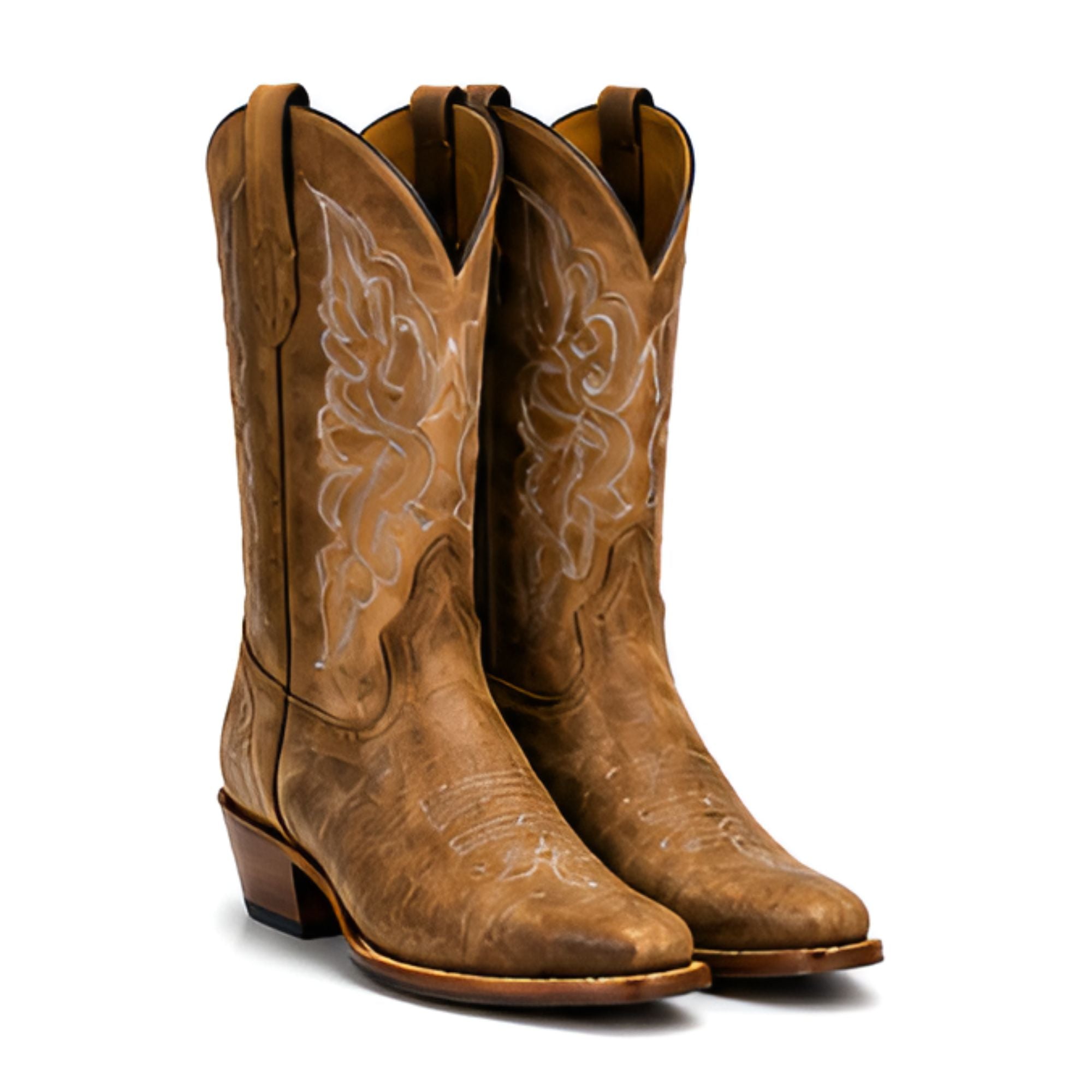 A pair of tan leather cowboy boots with western-style stitching and a pointed toe, shown against a plain white background.