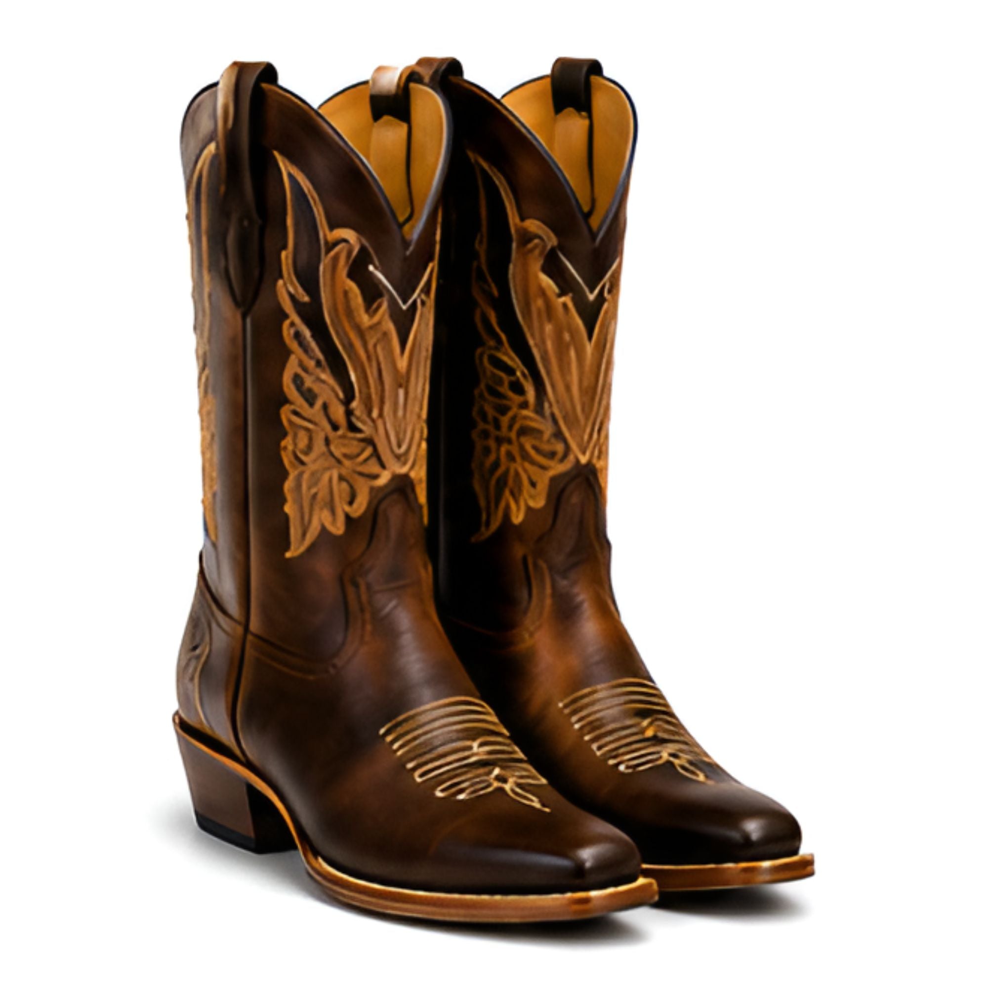 A pair of dark brown leather cowboy boots with tan floral tooling and western embroidery, shown on a plain white background.