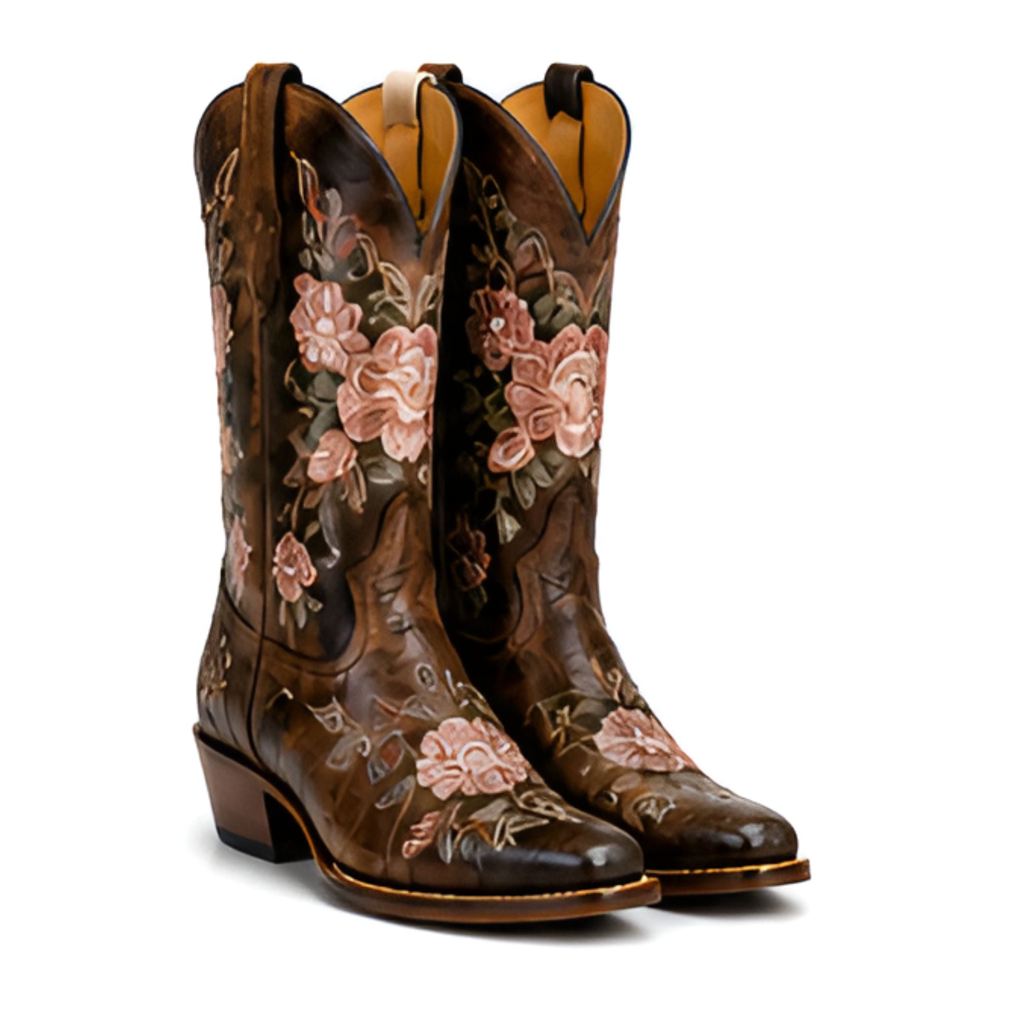 A pair of brown leather cowboy boots with pink floral embroidery and western-style stitching, shown against a plain white background.
