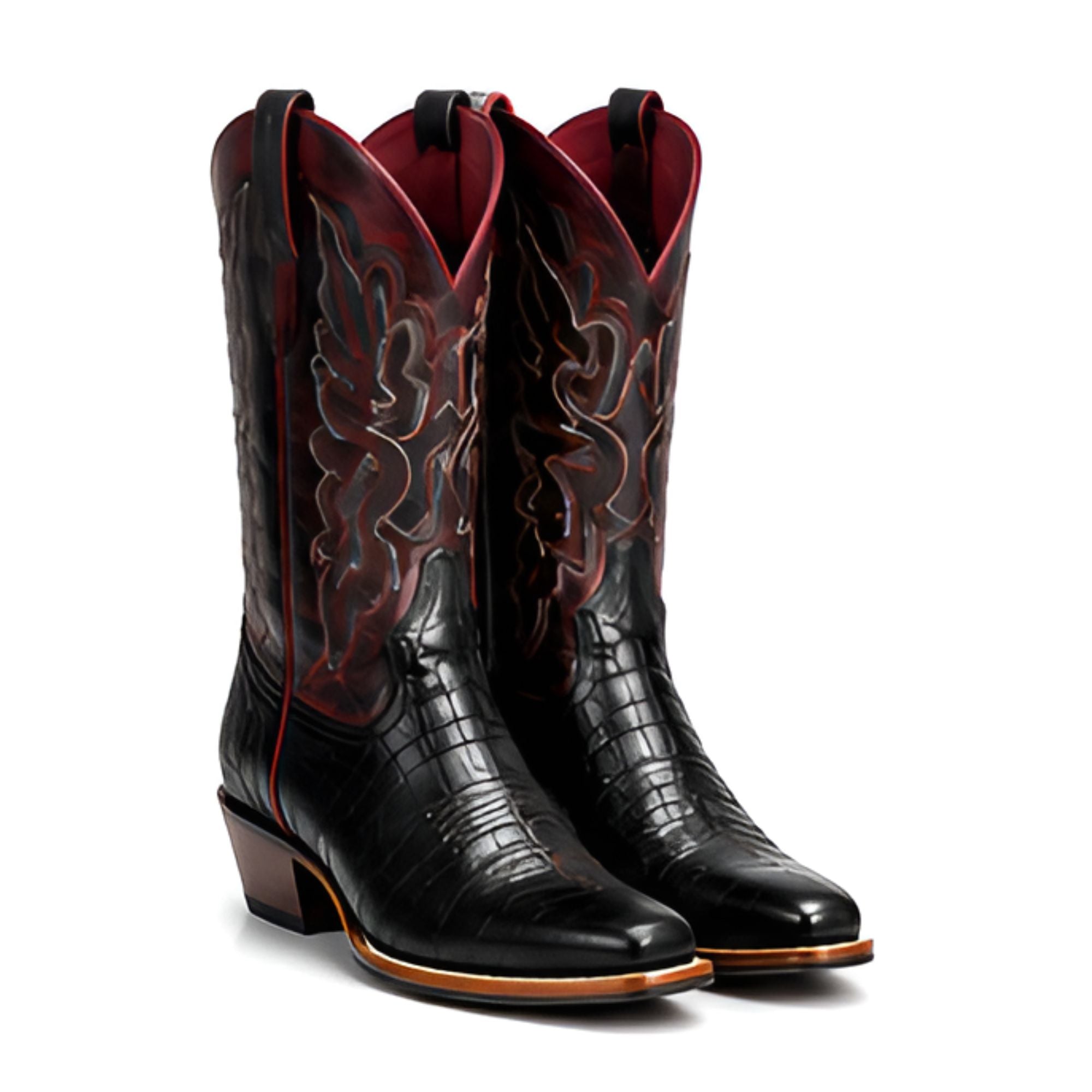 A pair of black crocodile-embossed western boots with dark red western embroidery on the shafts, set against a plain white background.